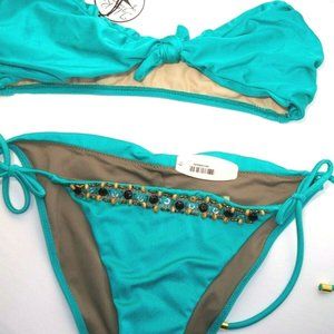 DESIGNER TYLER ROSE TURQUOISE STRING BIKINI BANDEAU SZ S